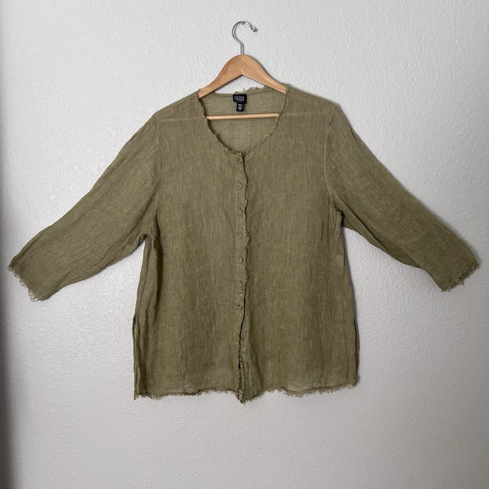 Eileen Fisher 1X Olive Green 100% Linen Button Down Shirt Frayed Trim Raw Edge